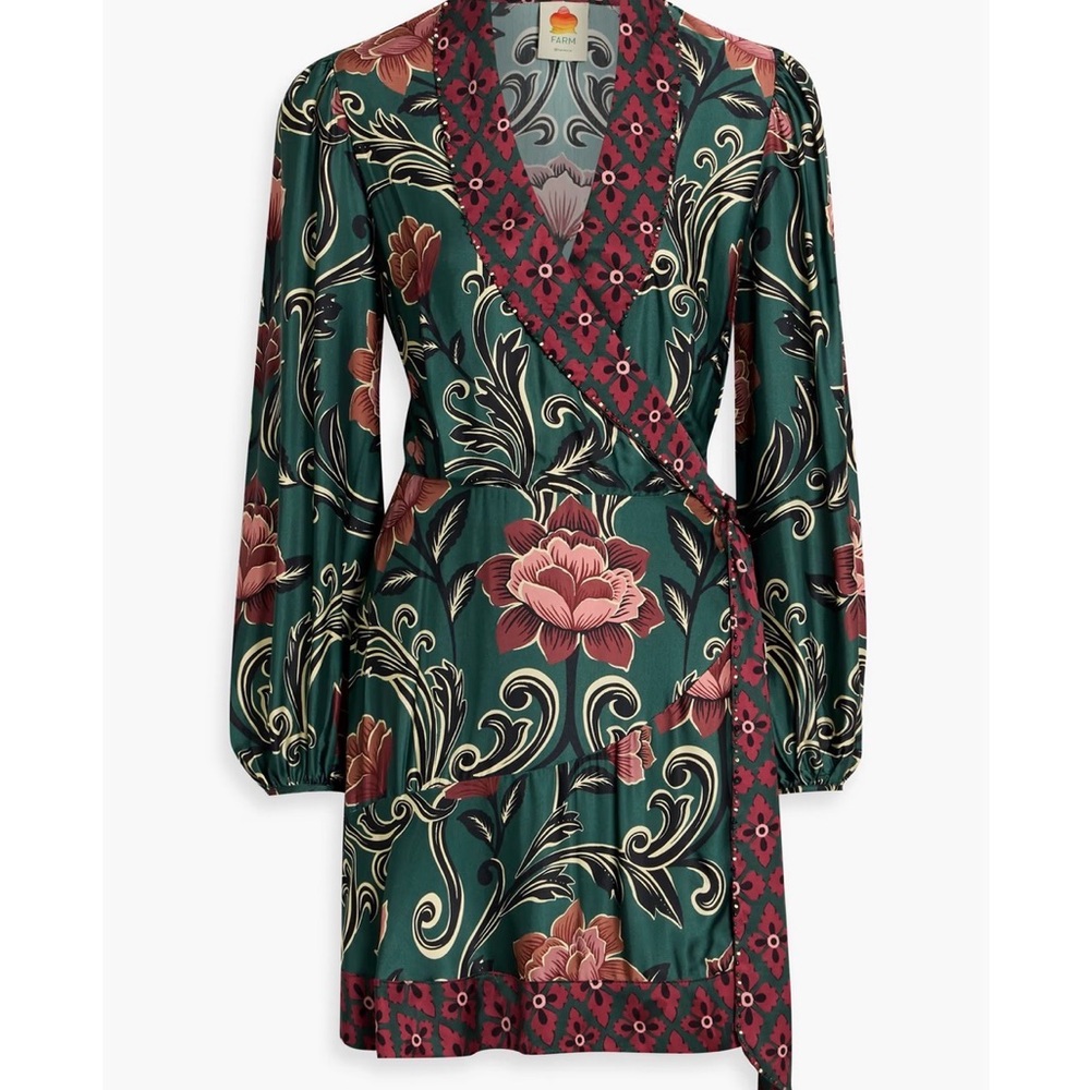Farm Rio Arabesque Wrap Dress Green with Burgundy Trim Size Medium - Picture 3 of 13
